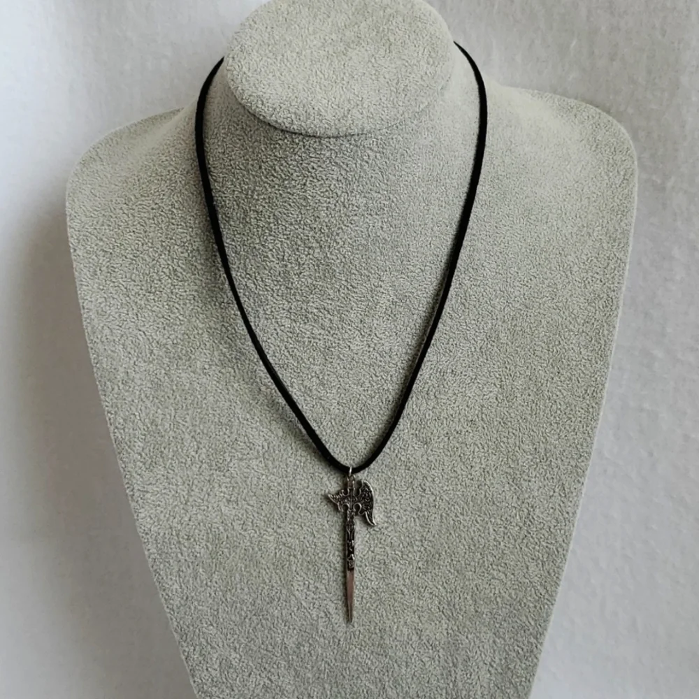 Mens silver battle axe charm black suede necklace